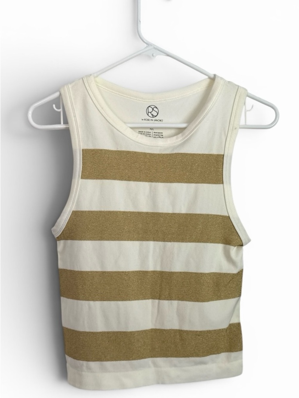 Roselyn Sánchez White & Gold Metallic Striped Seamless Tank Top M/L NWT - Picture 2 of 6